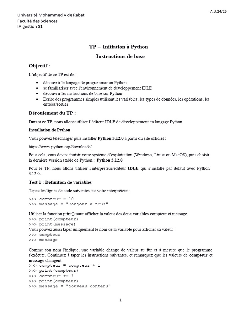 Initiation à Python : TP Université MVR | PDF | Python (Langage de ...