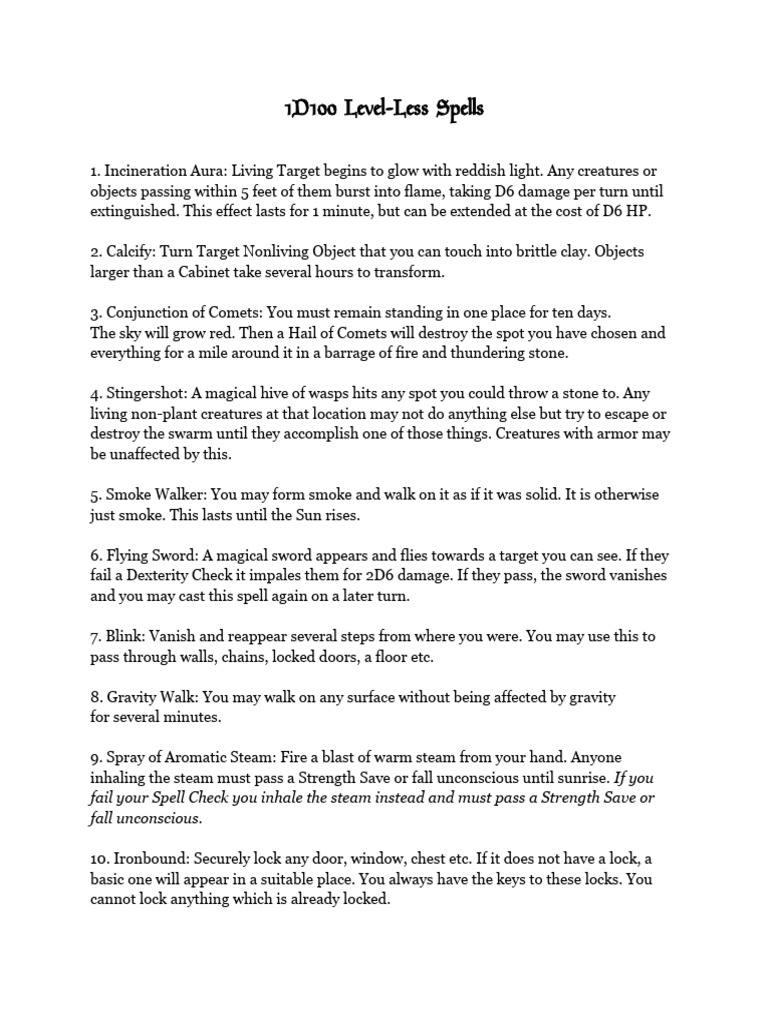 1D100 Level-Less Spell Descriptions | PDF
