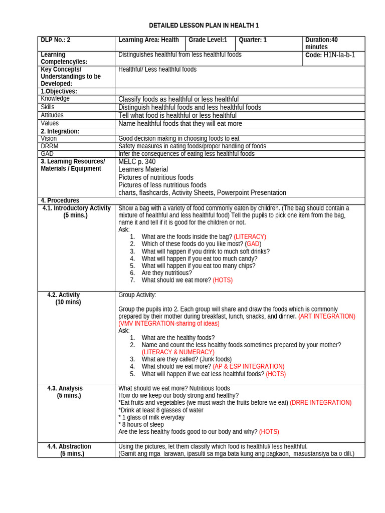 Health Lesson Plan for Grade 1 Students | PDF | Learning | Cognition