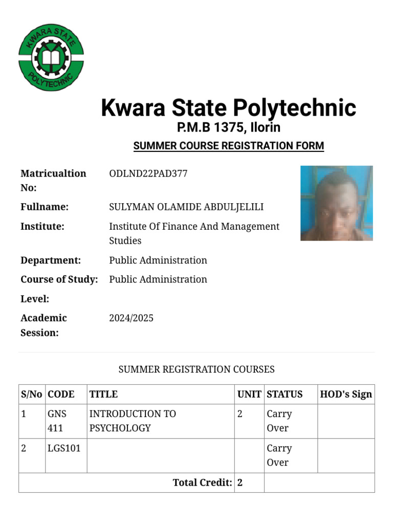 Kwarapoly Portal - Summer Course Registration Print - 241119 - 091921 | PDF