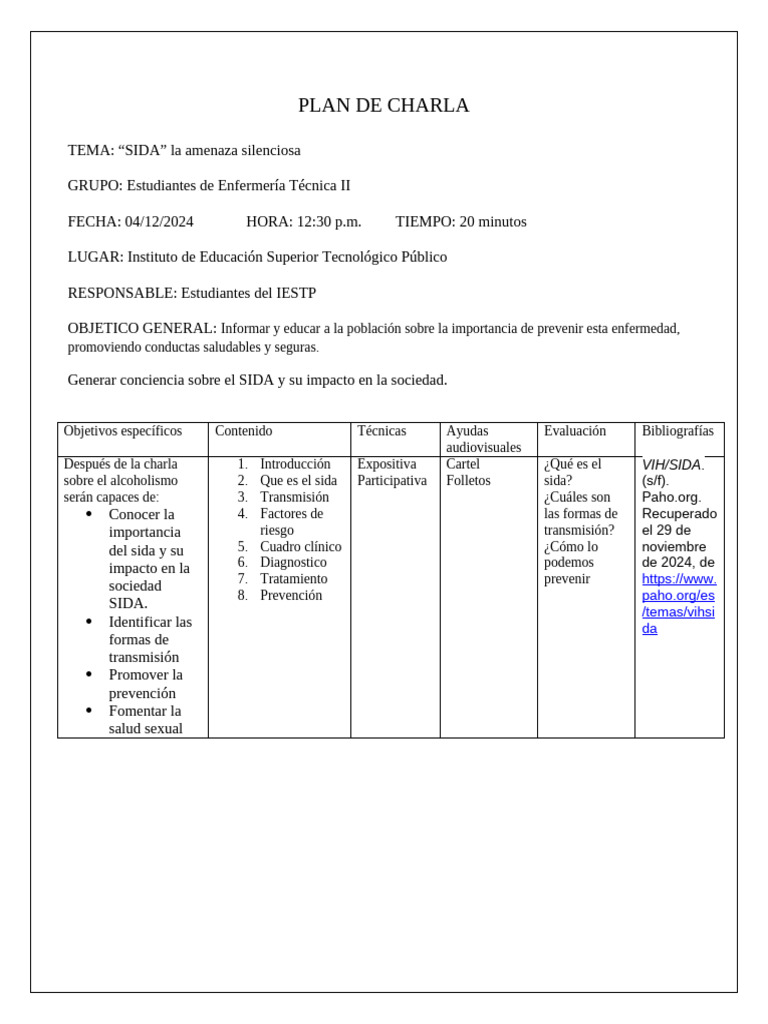 Plan de Charla - Sida | PDF