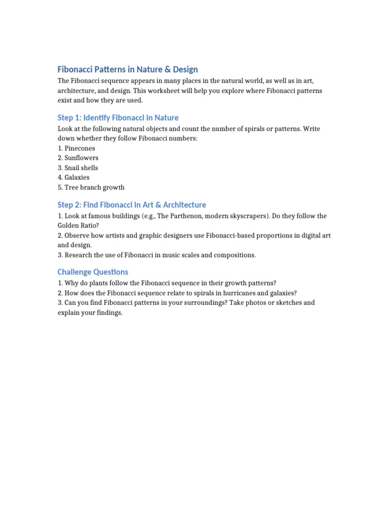 Fibonacci Patterns Worksheet | PDF