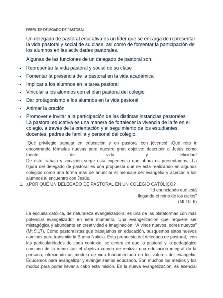 Perfil del Delegado de Pastoral | PDF | Jesús | Evangelización