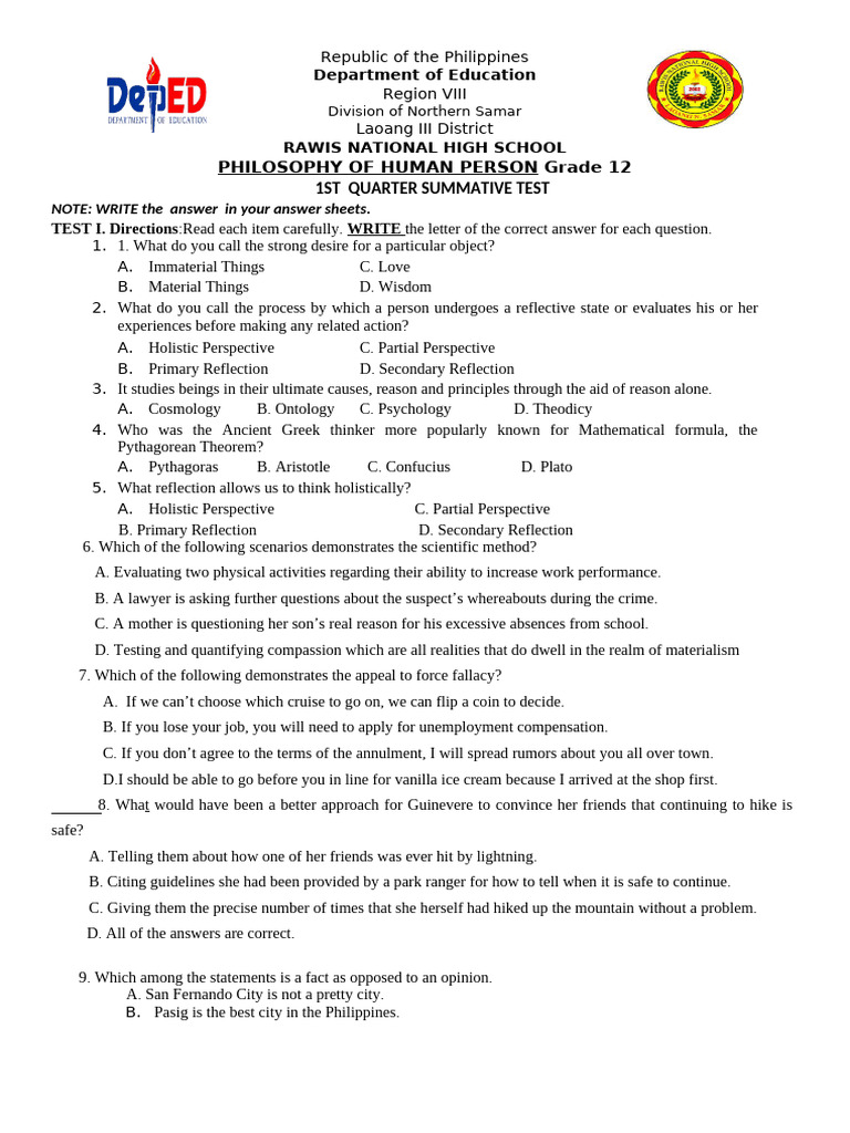 Grade 12 Philosophy Summative Test | PDF | Truth | Theory