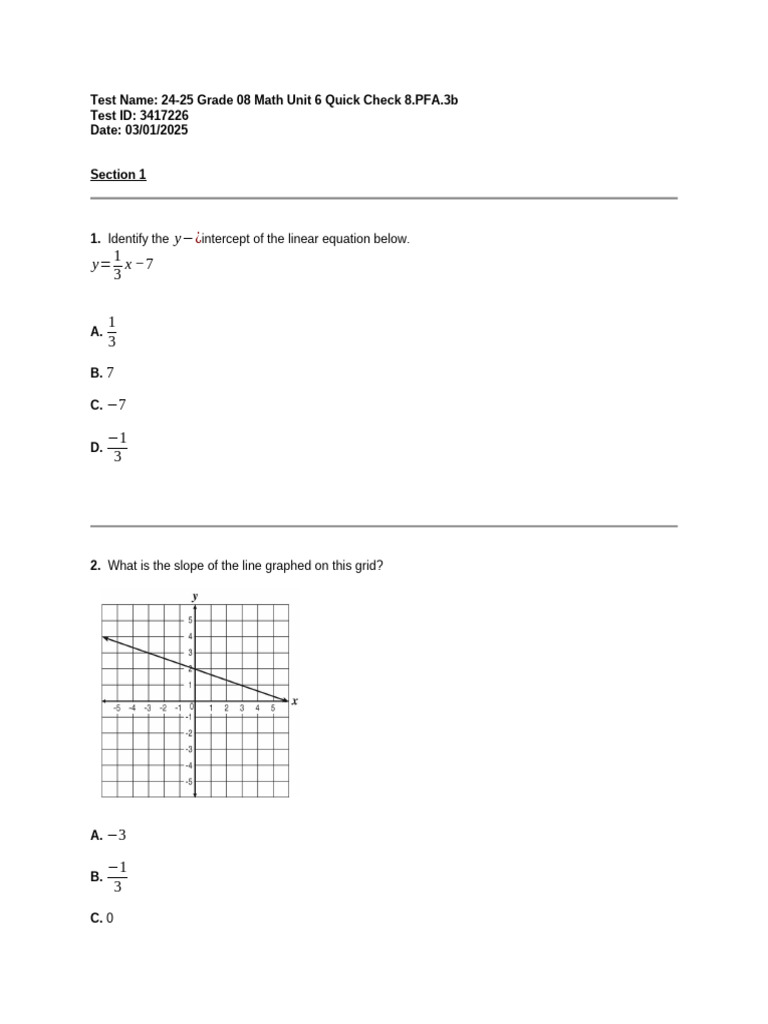 Grade 8 Math Unit 6 Quick Check | PDF