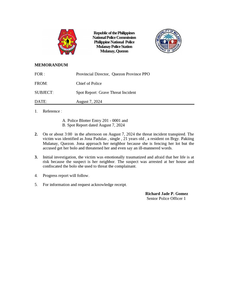 Mulanay Police Spot Report: Threat Incident | PDF
