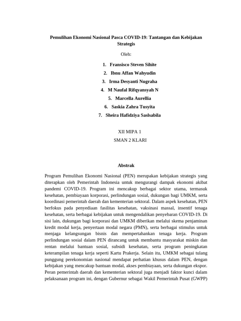 Pemulihan Ekonomi Pasca COVID-19 di Indonesia | PDF