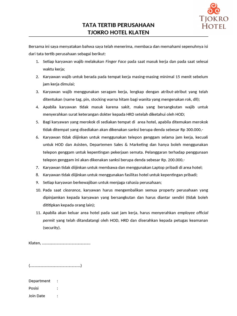 Tata Tertib Karyawan Tjokro Hotel Klaten | PDF