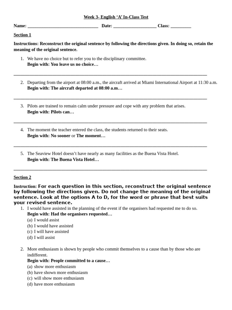 Week 3 English A In-Class Test Guide | PDF