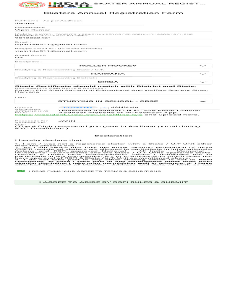 RSFI Skater Registration Form 2025-26 | PDF