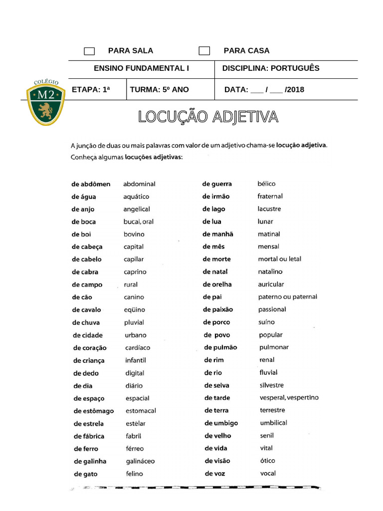 Atividades sobre Locução Adjetiva | PDF