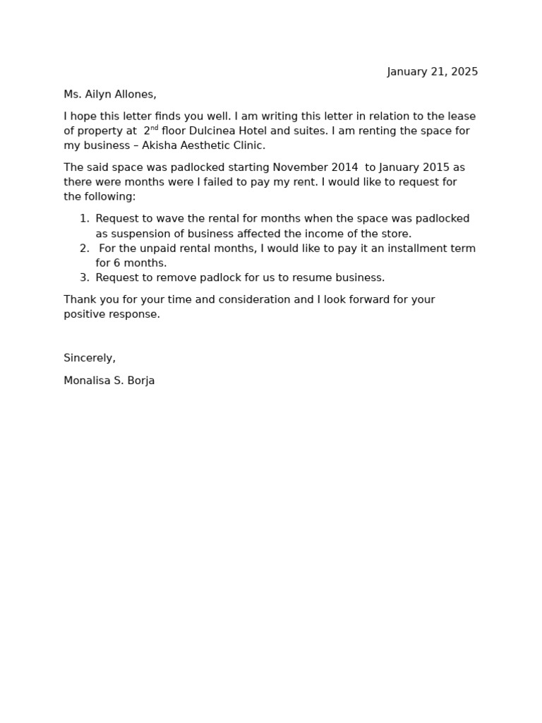 Lease Request for Dulcinea Hotel Space | PDF