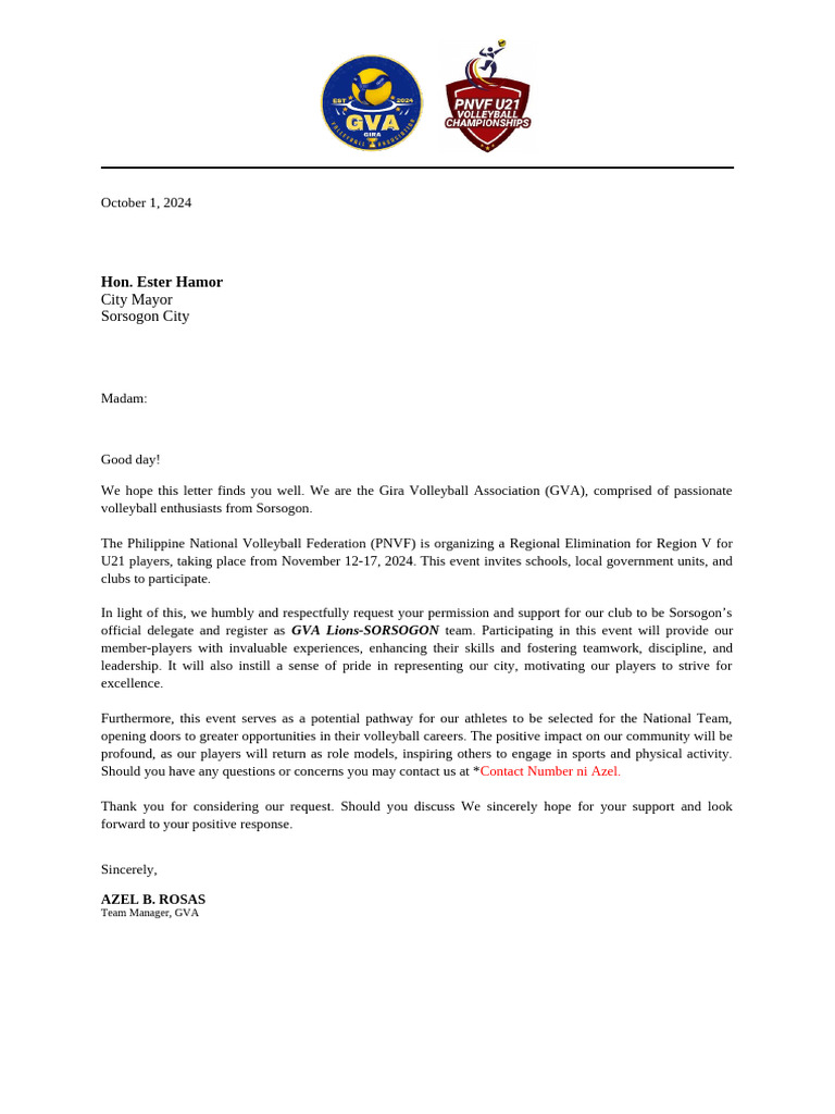 GVA Requests Support for U21 Volleyball Event | PDF | Social Psychology