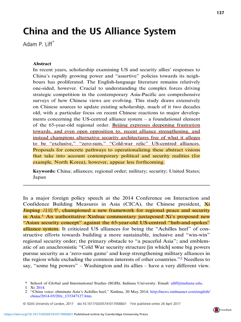 China’s Views on US Alliances | PDF | China | World Politics