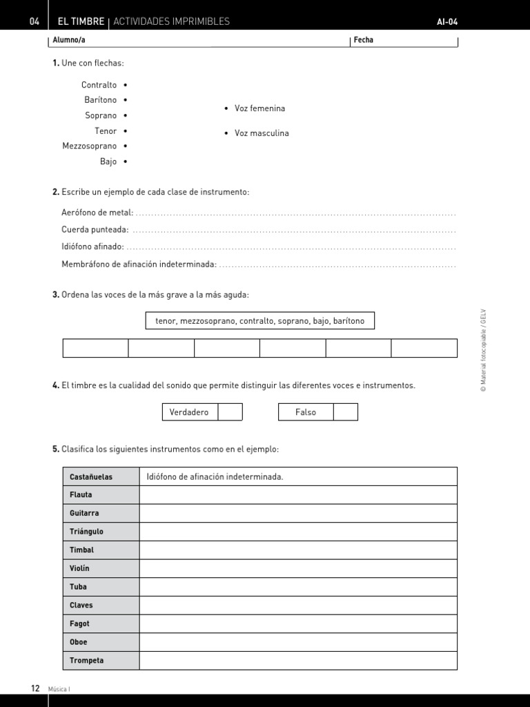 Actividades sobre el timbre musical | PDF | Instrumentos musicales ...