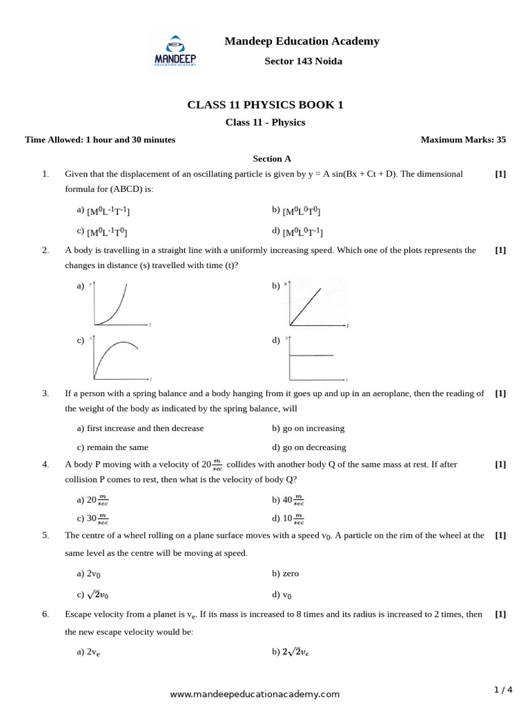 Class 11 Physics Exam Questions | PDF | Force | Torque