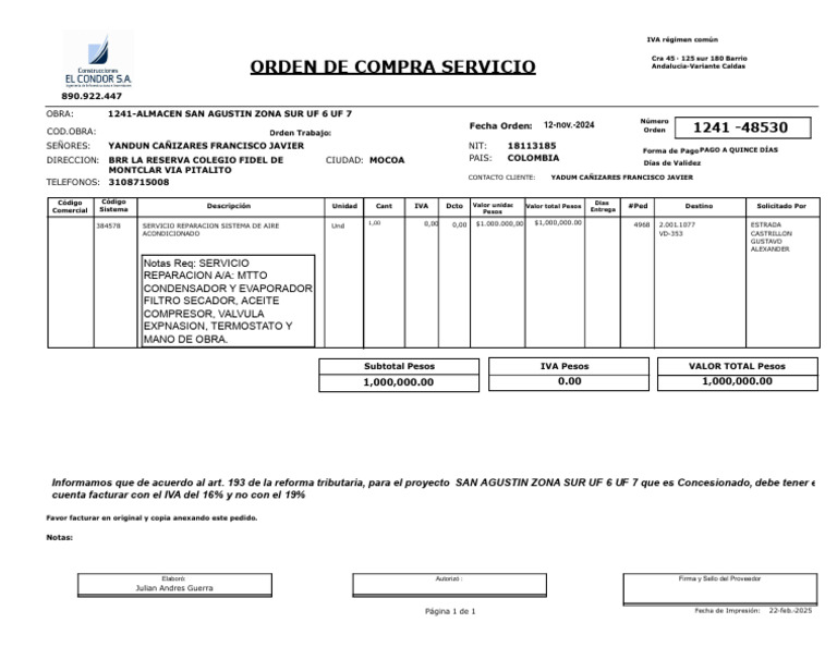 Orden de Compra Servicio IVA 16% | PDF