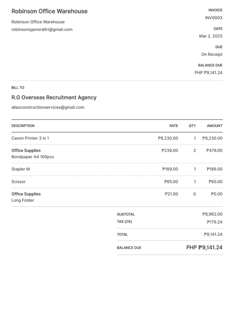Robinson Office Warehouse Invoice #INV0003 | PDF