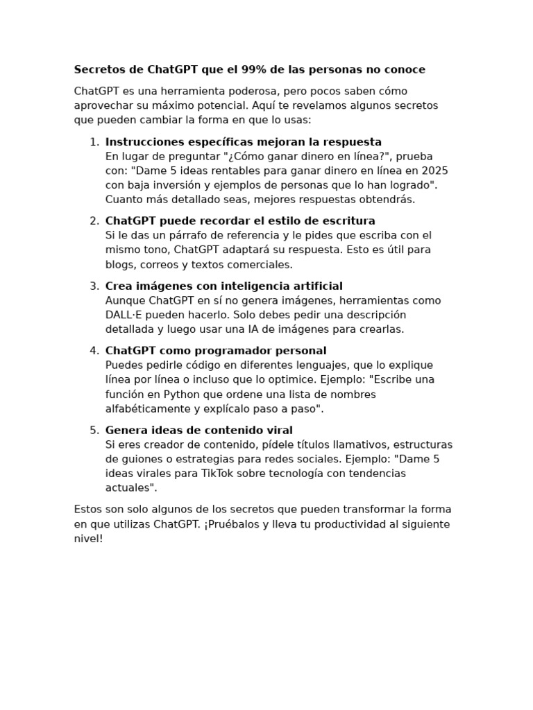 Secretos de ChatGPT para mejorar uso | PDF