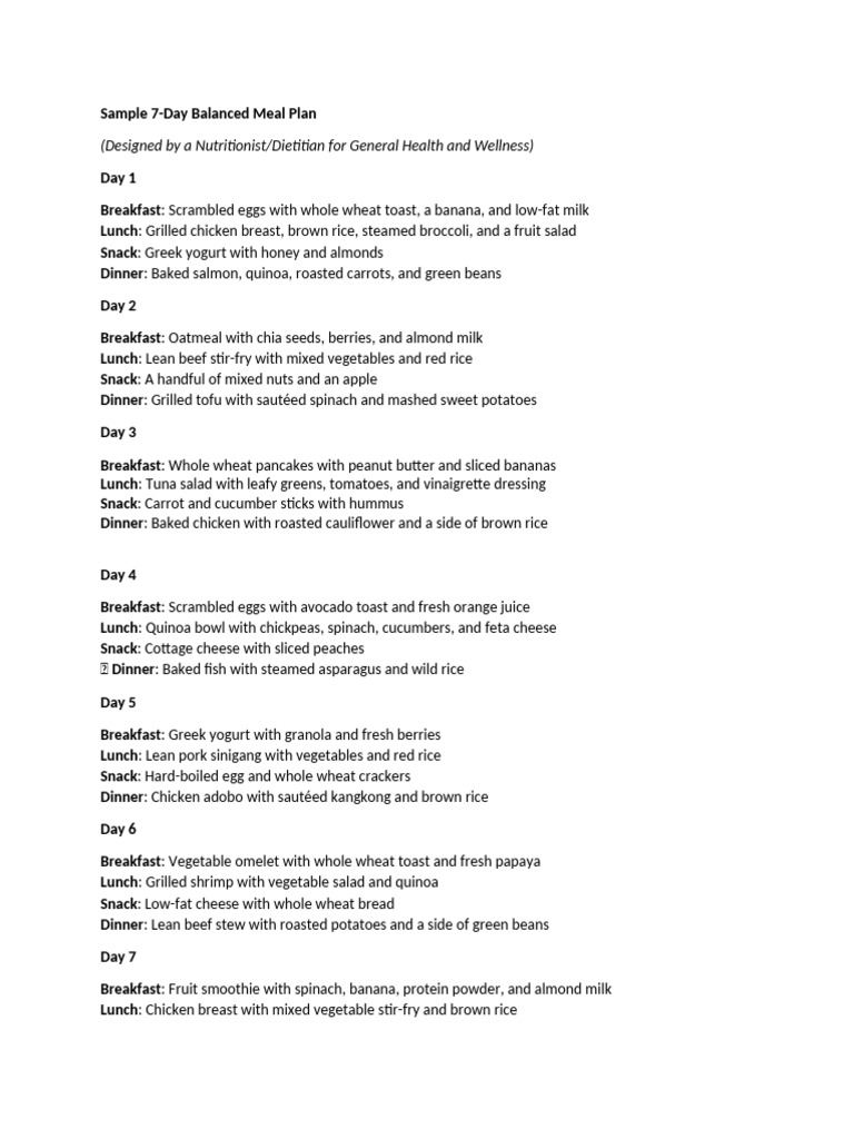 7-Day Balanced Meal Plan for Health | PDF | Healthy Diet | Salad