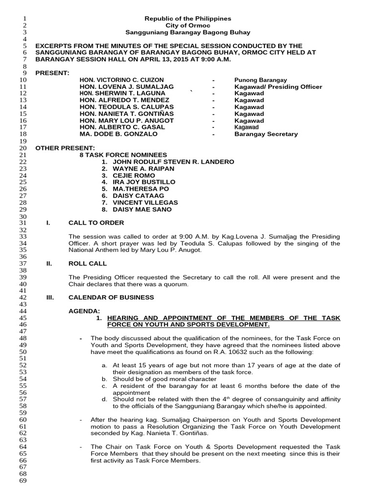 minutes-ON THE CREATION OF TASK FORCE ON YOUTH AND SPORTS DEV'T 2014 | PDF