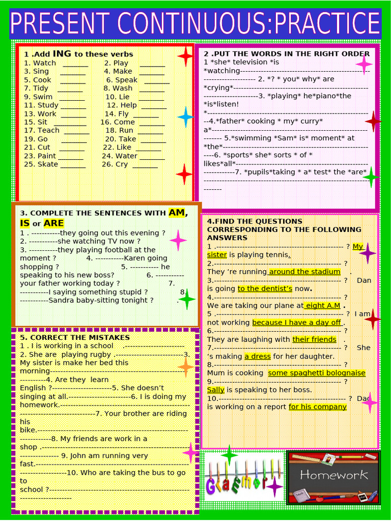 Present Continuous 2 Page and 9 Exercise Practice Grammar Drills ...