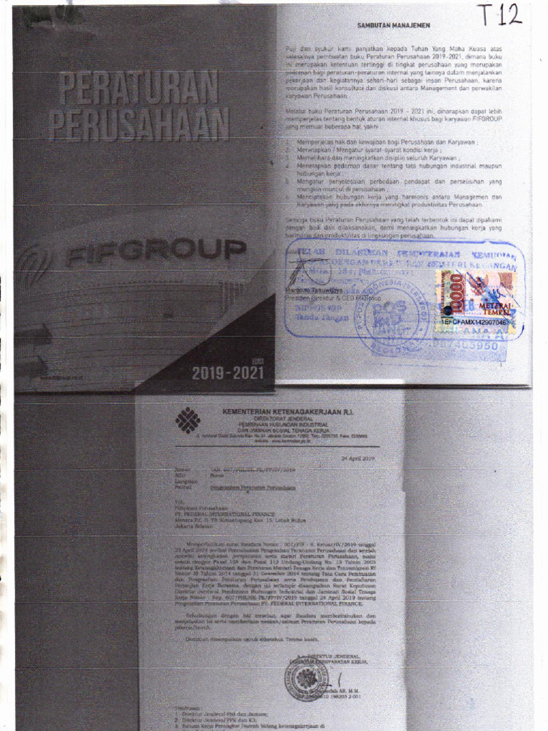 Peraturan Perusahaan 2019-2021 FIF | PDF