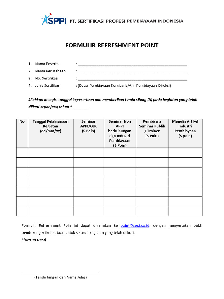 Formulir Refreshment Point | PDF