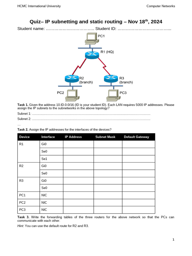 Quiz Nov18 - VLSM and Static Routing (03 Routers) | PDF