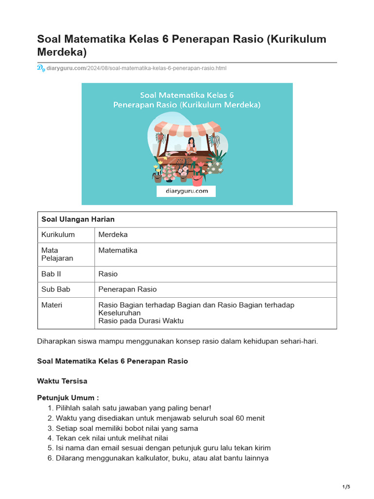 Soal Penerapan Rasio Kelas 6 | PDF