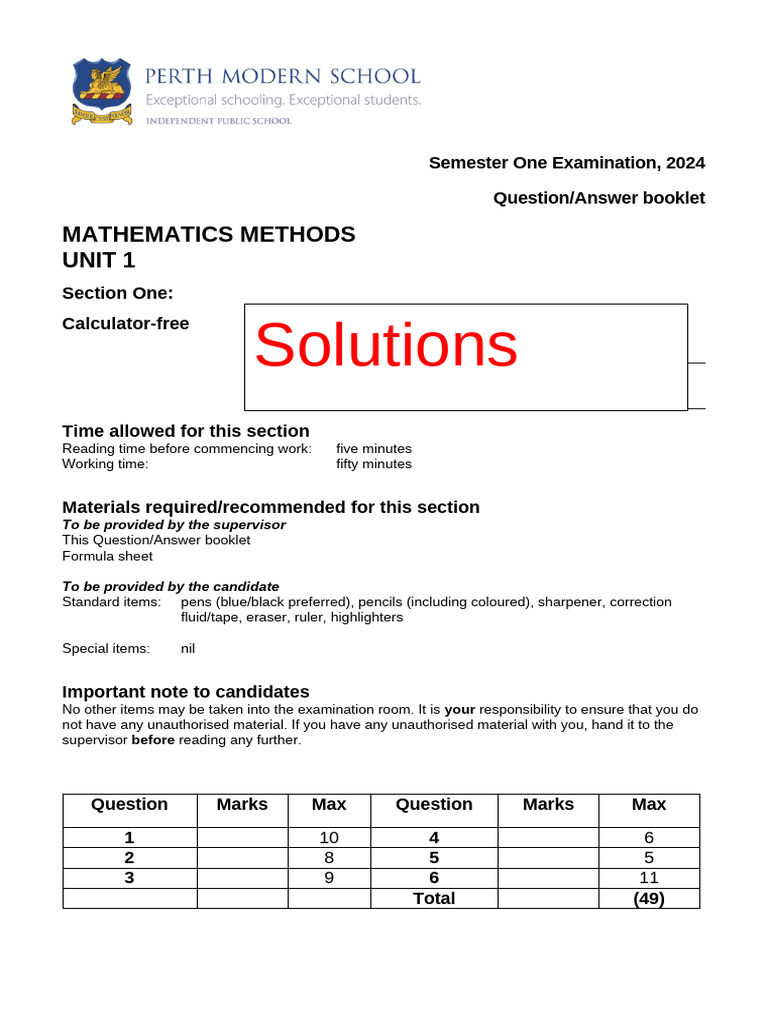 2024 Mathematics Methods Exam Solutions | PDF | Equations | Variable ...