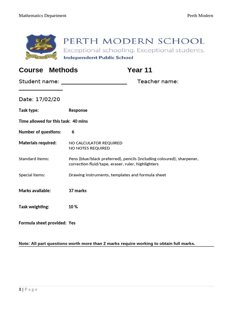 Year 11 Mathematics Methods Exam | PDF | Equations | Mathematics