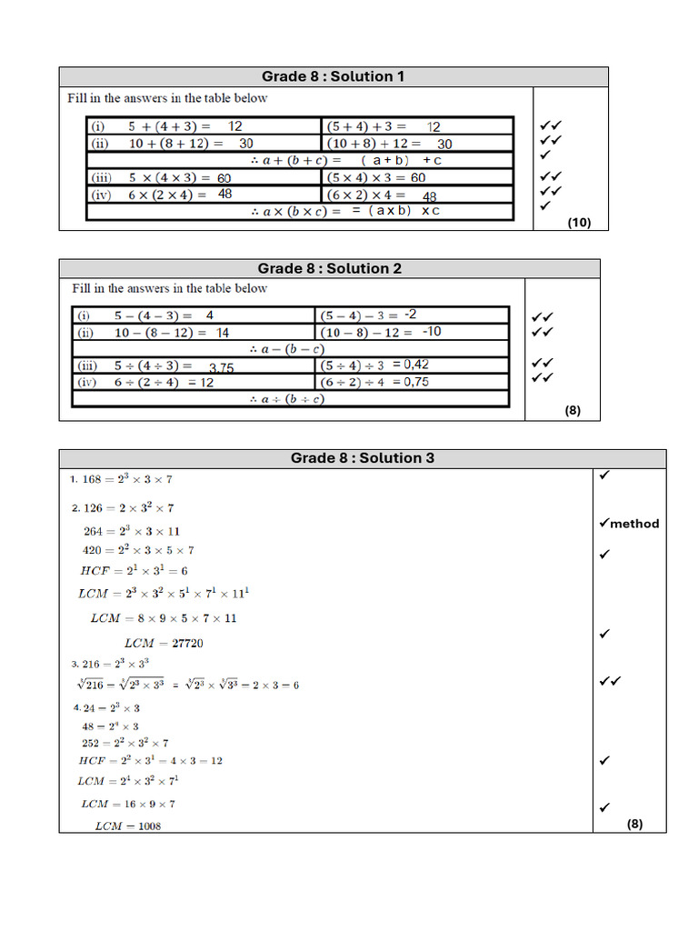 Grade 8 - Mini Tests SOLUTIONS | PDF