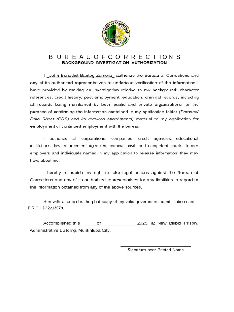 BuCor BI Authorization | PDF