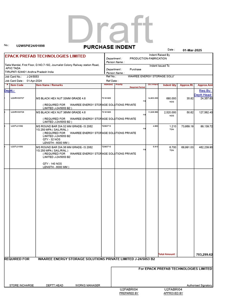 Purchase Indent for Waaree Energy Solutions | PDF