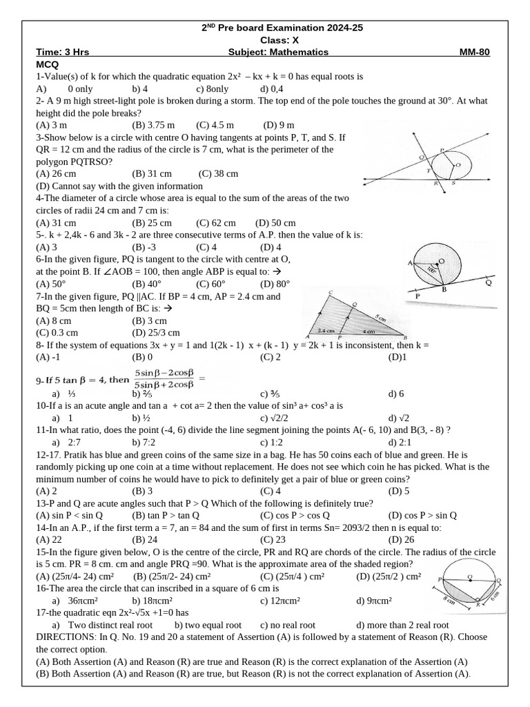Class X Mathematics Pre-Board Exam | PDF | Circle | Area