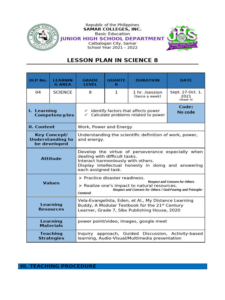 Science 8 Lesson Plan: Power Concepts | PDF | Learning | Cognition