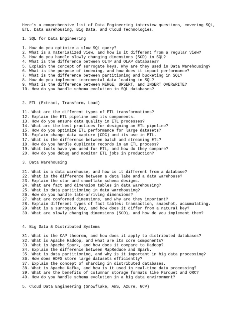 Data Engineering Interview Questions Guide | PDF | Data Warehouse ...
