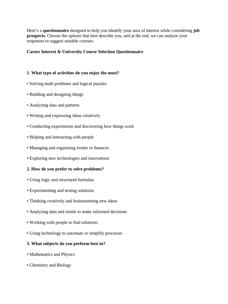 Career Interest Questionnaire for Course Selection | PDF | Mathematics ...