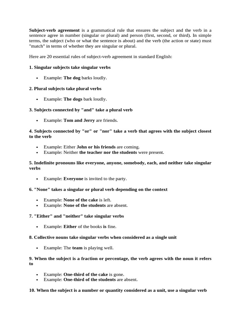 20 Rules of Subject-Verb Agreement | PDF | Grammatical Number | Plural