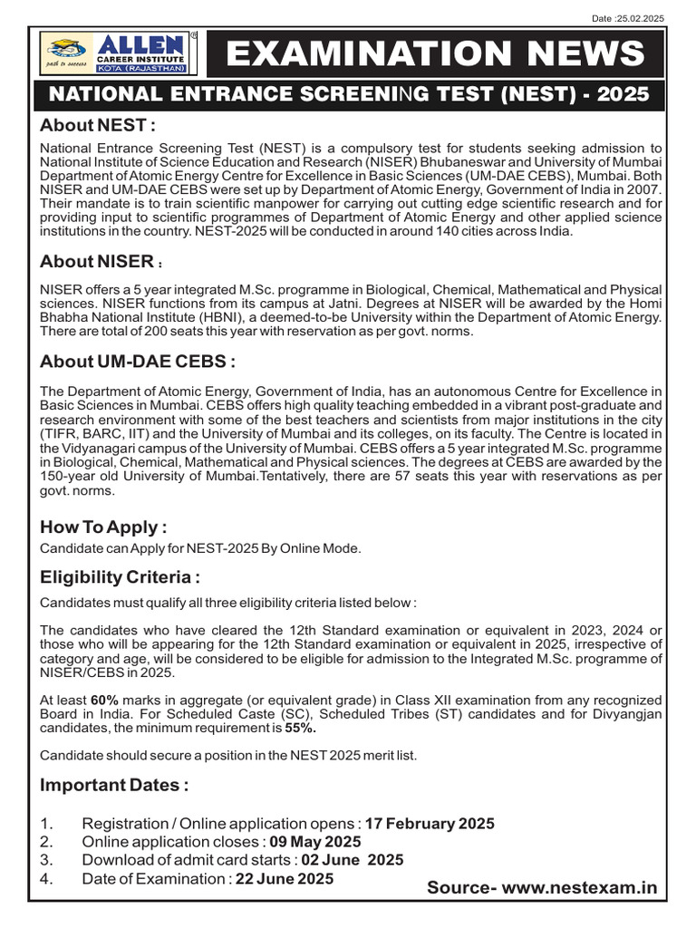 Examination News: National Entrance Screeni G TEST (NEST) - 2025 | PDF ...