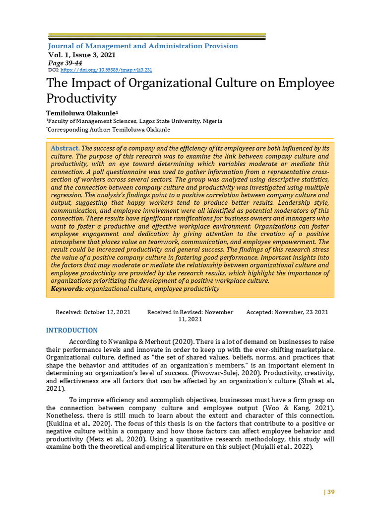 The Impact of Organizational Culture On Employee P | PDF | Survey ...