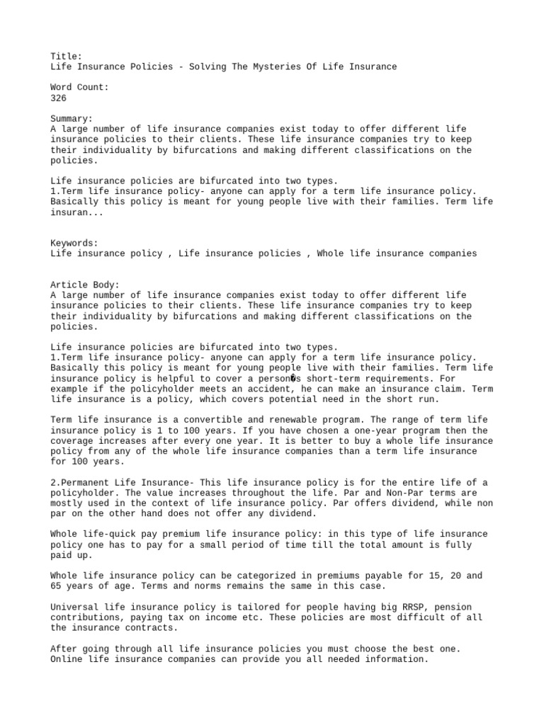 Life Insurance Policies - Solving The Mysteries of Life Insurance | PDF ...