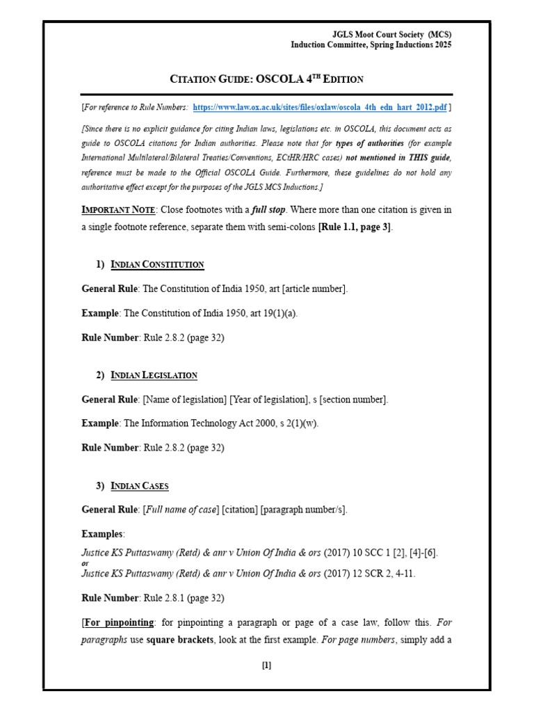 OSCOLA Citation Guide for Indian Law | PDF | Citation | Justice