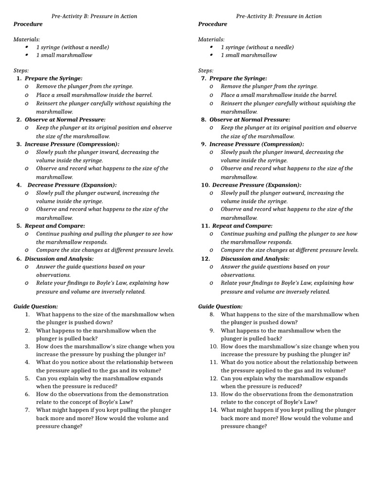 Boyle's Law Marshmallow Experiment | PDF | Syringe | Gases