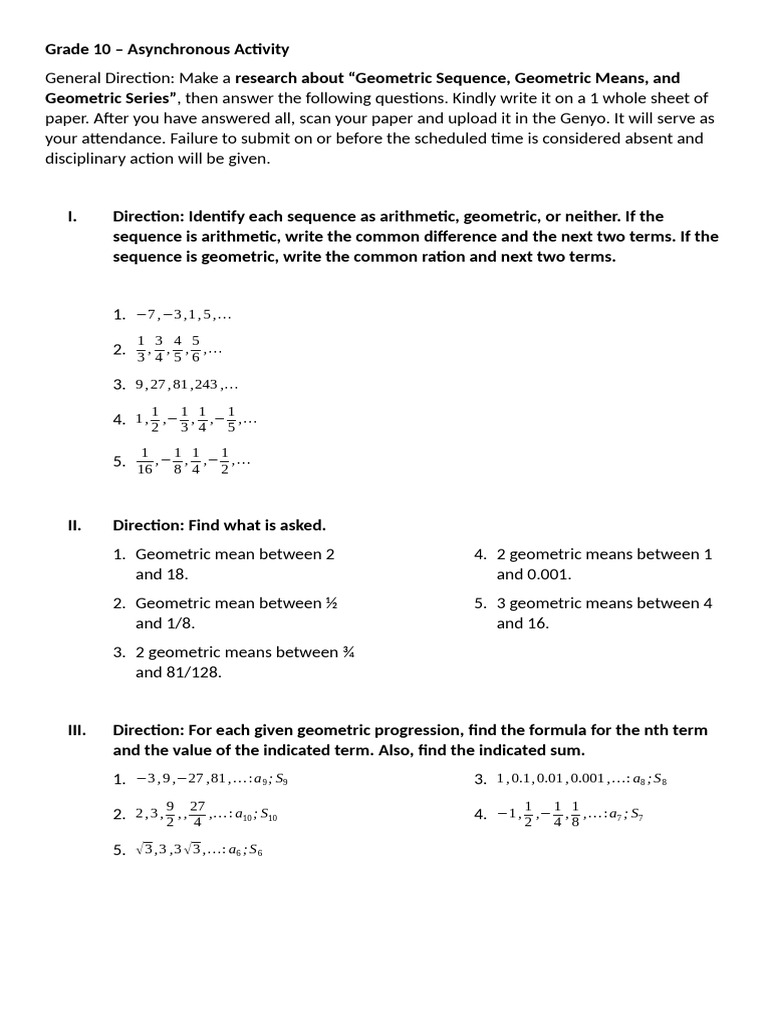 Grade 10 Geometric Sequences Activity | PDF | Equations | Mathematical ...