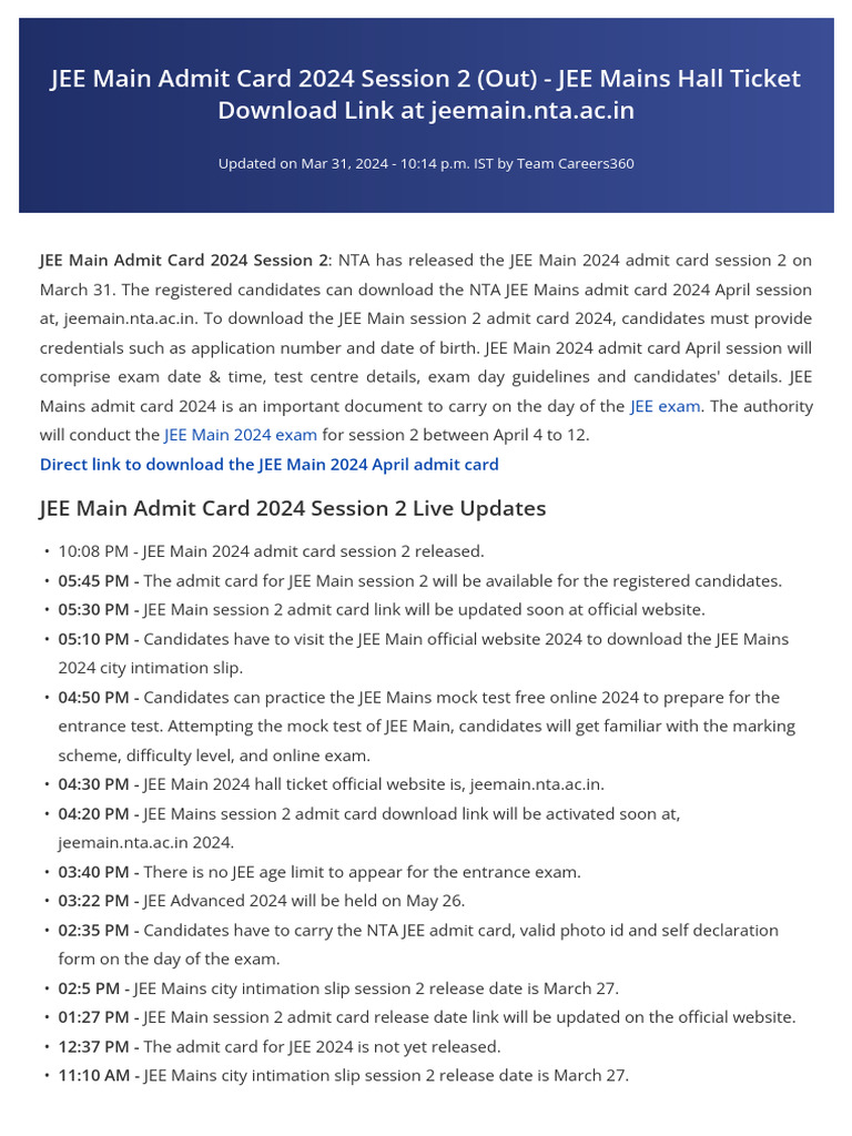 JEE Main 2024 Session 2 Admit Card Released | PDF | Student Assessment ...