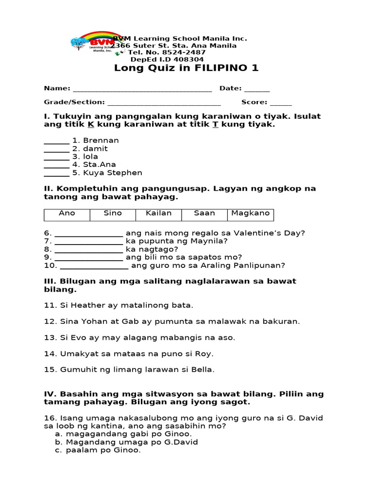 Long Quiz Filipino 1 Pdf