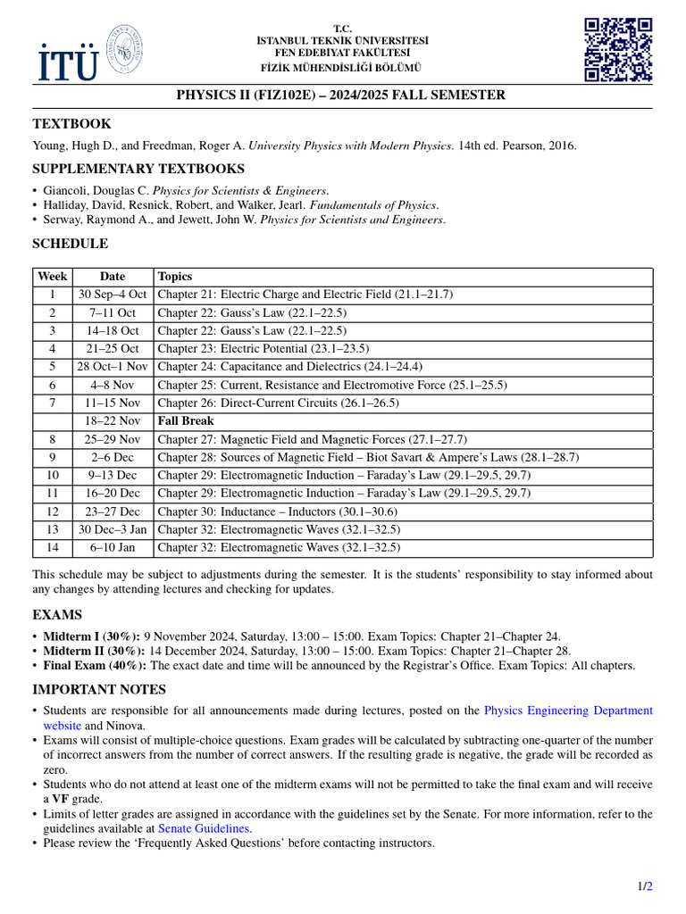 Fiz102e 2425f Syllabus | PDF | Electromagnetic Induction | Magnetic Field