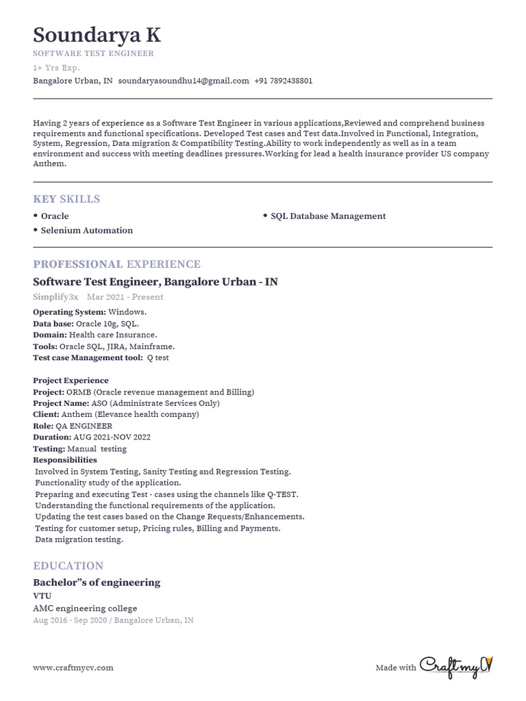 Software Test Engineer Resume - 1+ Year Experience | PDF